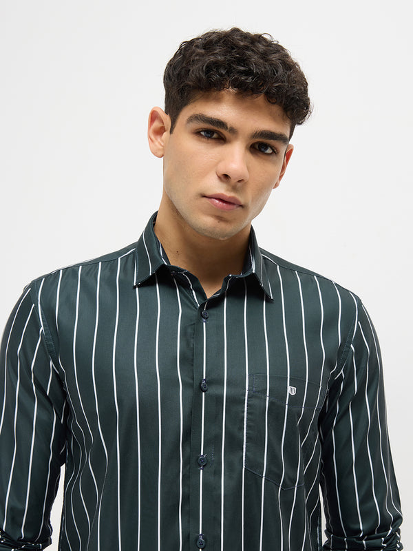 Leaf Green Vertical Stripes Casual Shirt