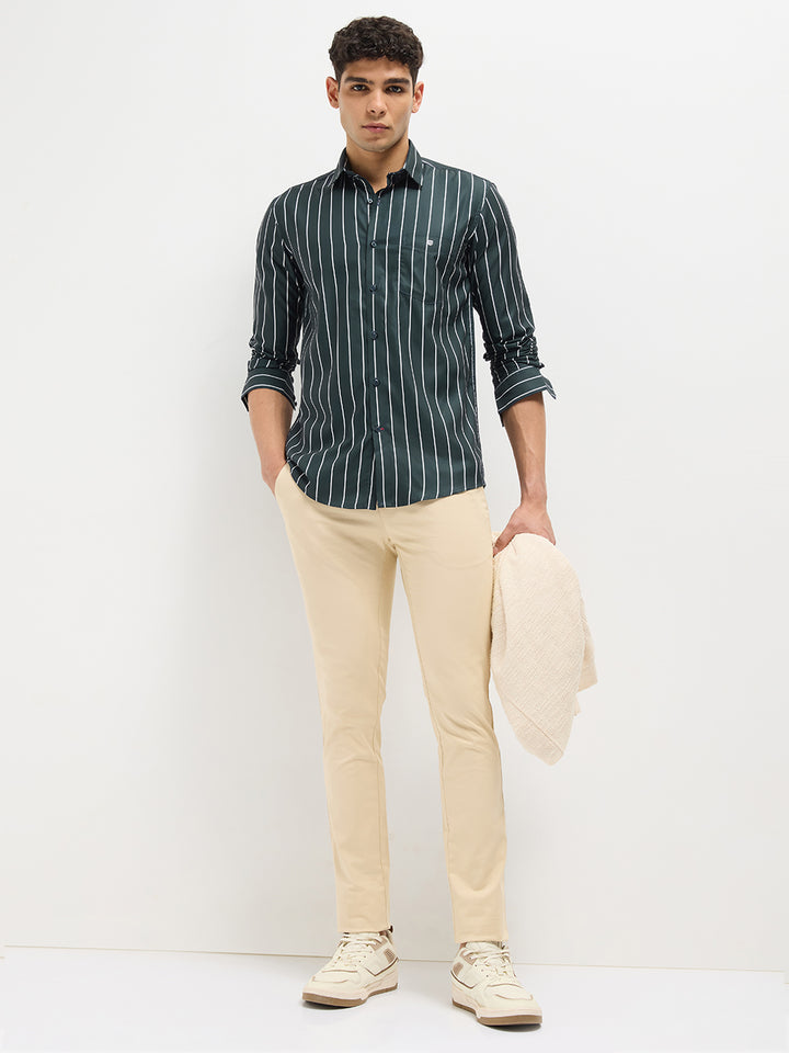 Leaf Green Vertical Stripes Casual Shirt