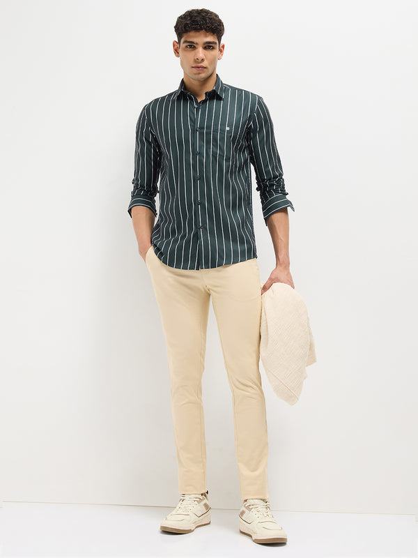 Leaf Green Vertical Stripes Casual Shirt