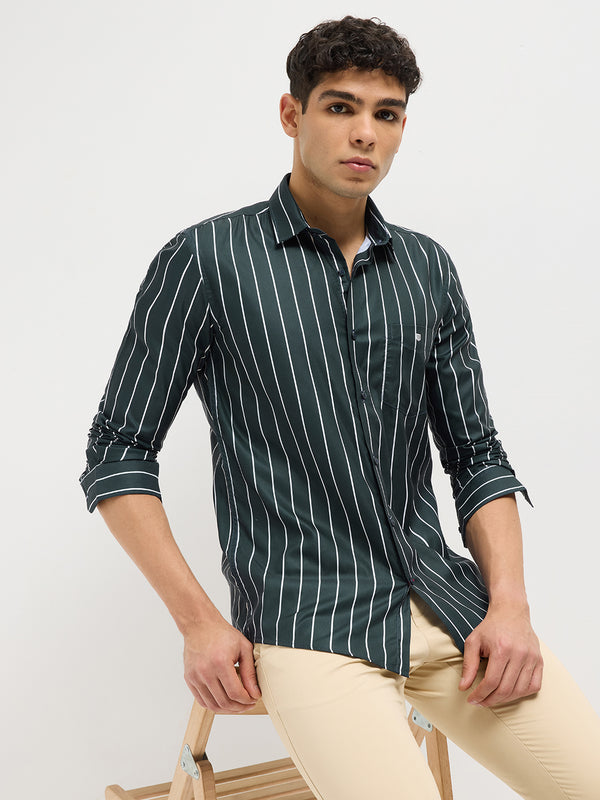 Leaf Green Vertical Stripes Casual Shirt
