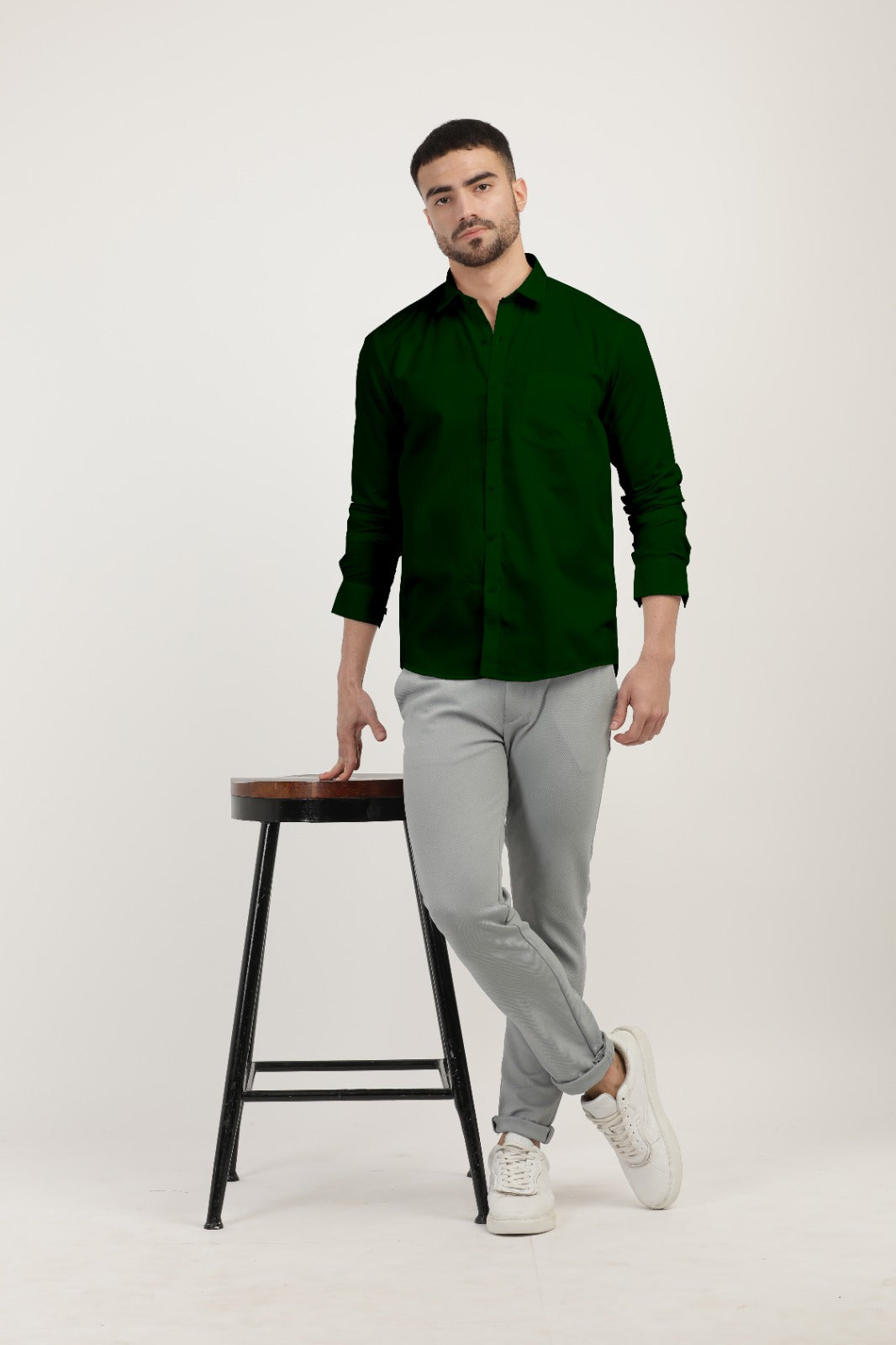 Emerald Green Linen Blend Solid Shirt –
