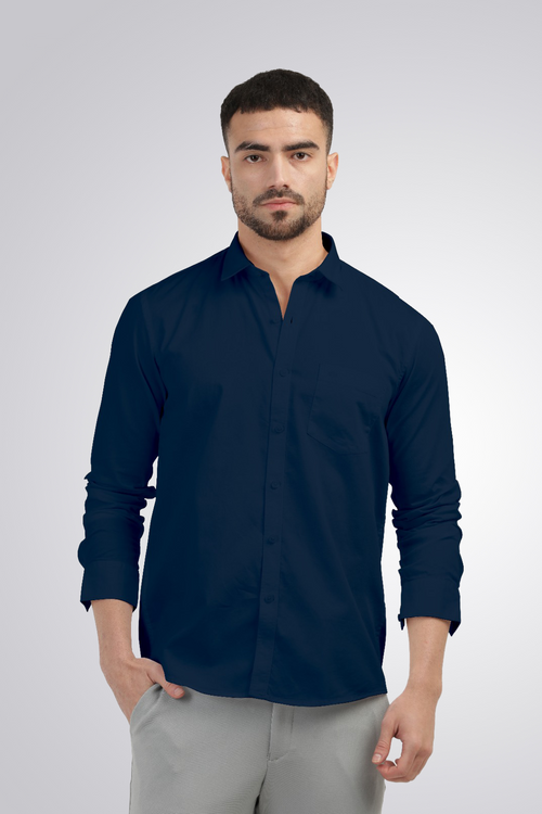 Navy Linen Blend Solid Shirt