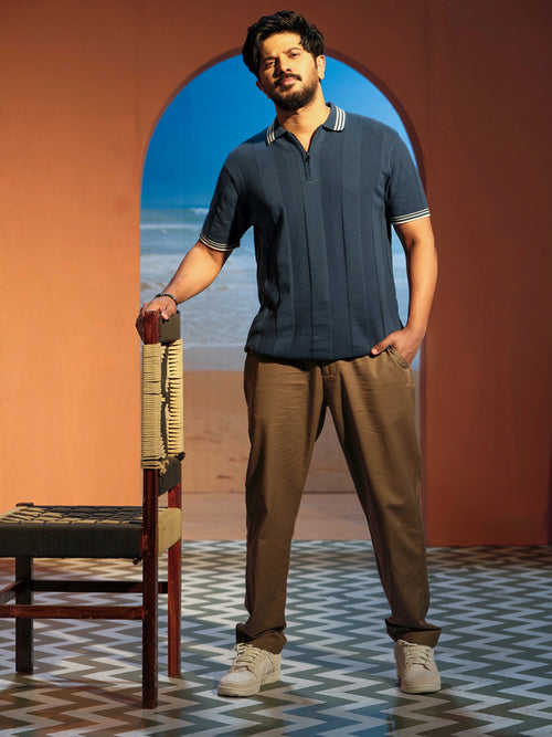 Slate Sky Blue Vertical Stripes  Polo T Shirt