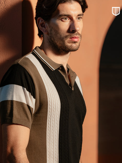 Olive Brown and Black Vertical Textured Stripes Polo T Shirt