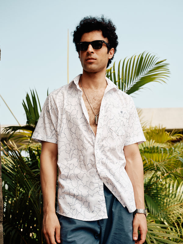 Ink Blue and White Abstract Line Printed Casual Shirt