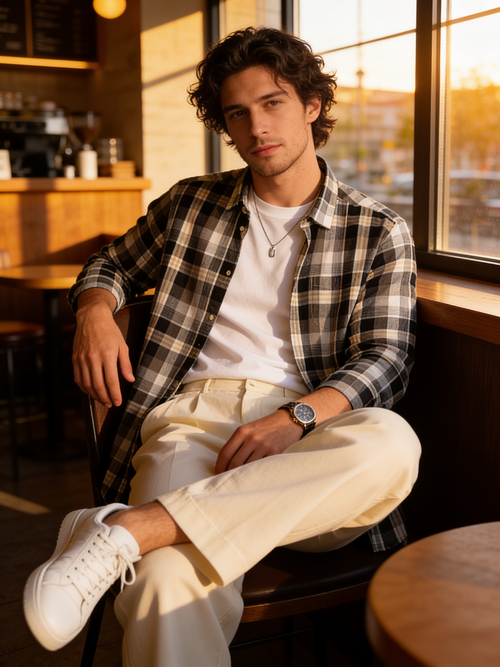 Ash Grey and Beige Checked Casual Shirt