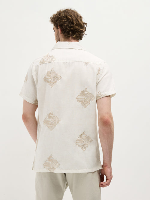 Cream Geometric Embroidery Printed Casual Shirt