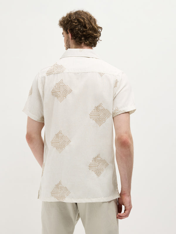 Cream Geometric Embroidery Printed Casual Shirt
