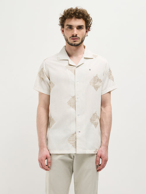 Cream Geometric Embroidery Printed Casual Shirt
