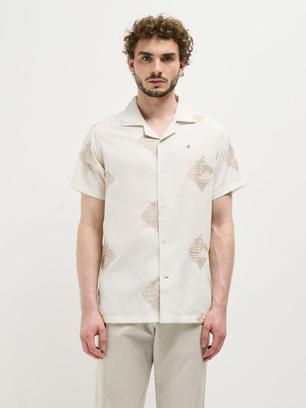 Cream Geometric Embroidery Printed Casual Shirt