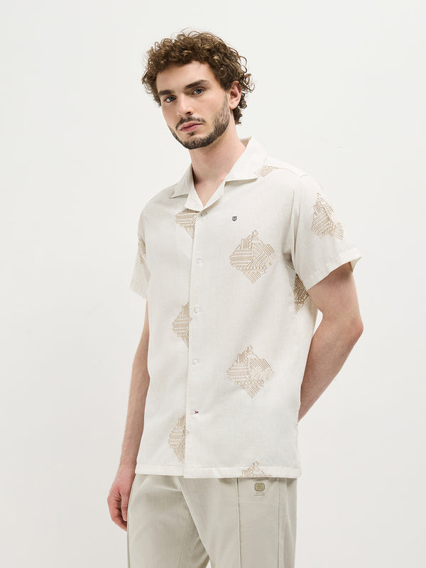 Cream Geometric Embroidery Printed Casual Shirt