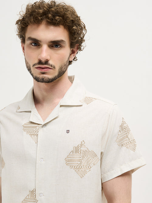 Cream Geometric Embroidery Printed Casual Shirt