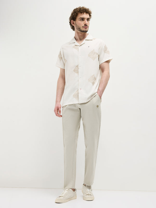 Cream Geometric Embroidery Printed Casual Shirt