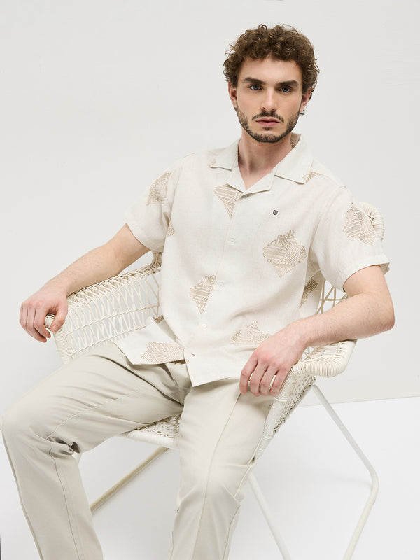 Cream Geometric Embroidery Printed Casual Shirt