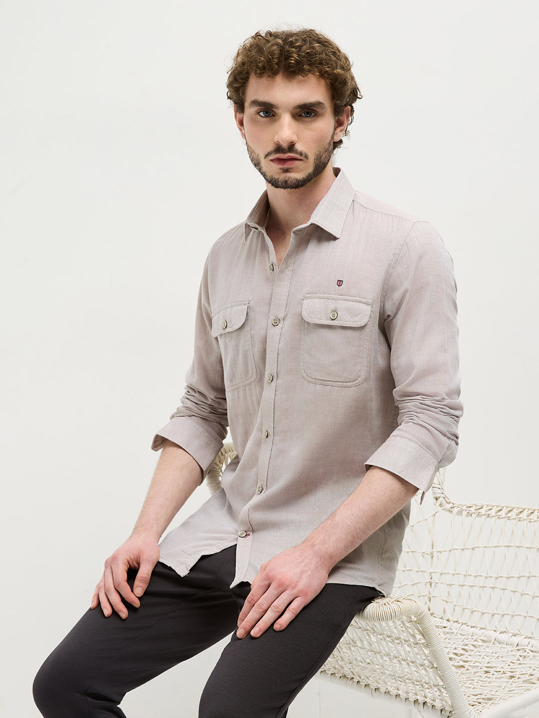 Beige Plain Casual Shirt