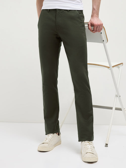 Dark Olive Solid Casual Trousers