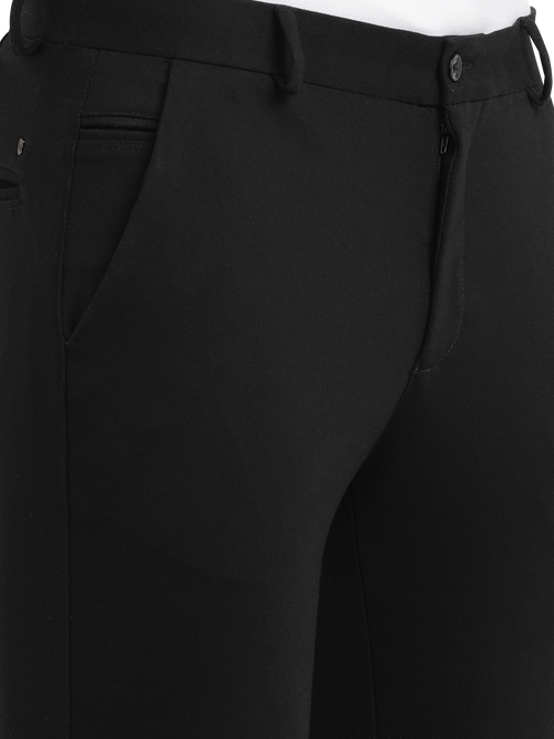 Jet Black Lycra Cotton Stretchable Solid Trousers