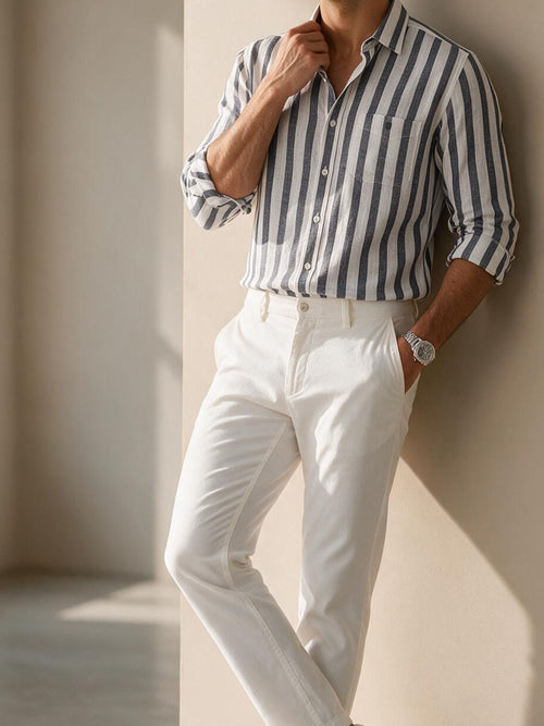 Shadow Blue Grey Vertical Stripes Casual Shirt