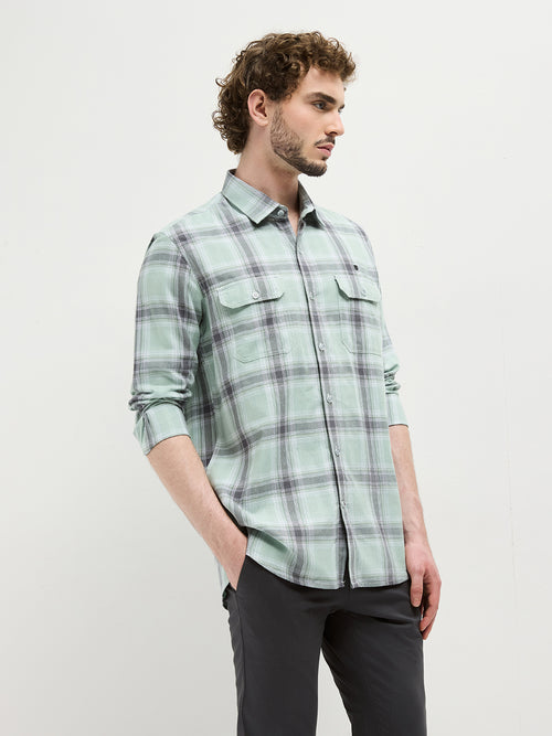 Mint Green Checked Casual Shirt With Two Pockets
