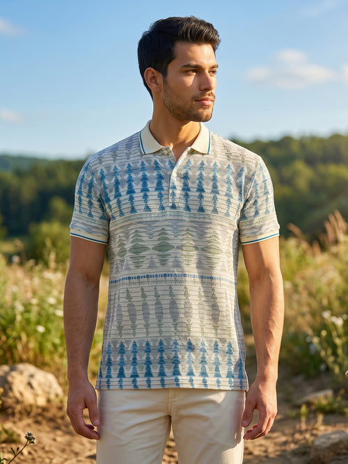 Sea Blue Printed Polo T Shirt