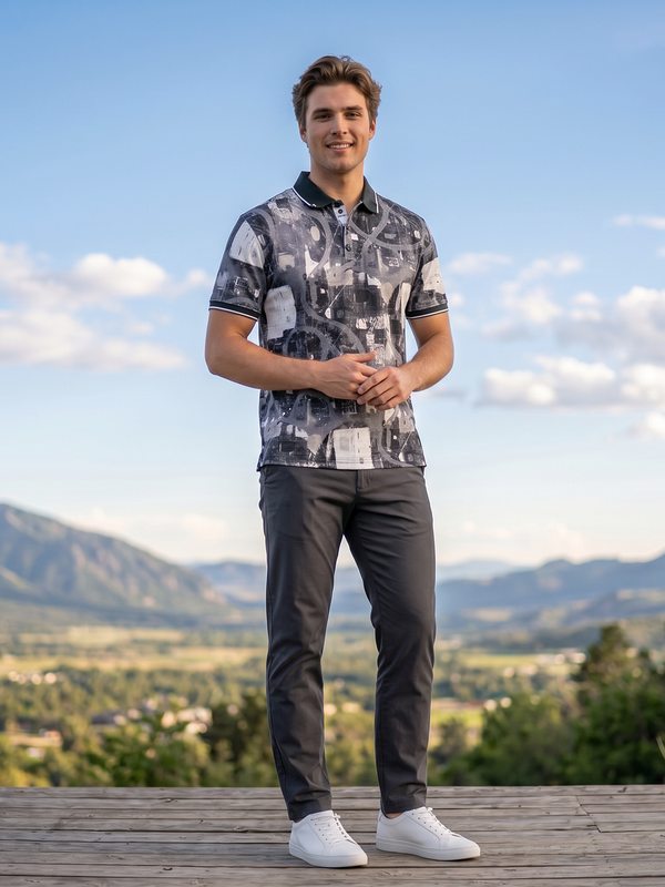 Black and Grey Abstract Printed Polo T Shirt