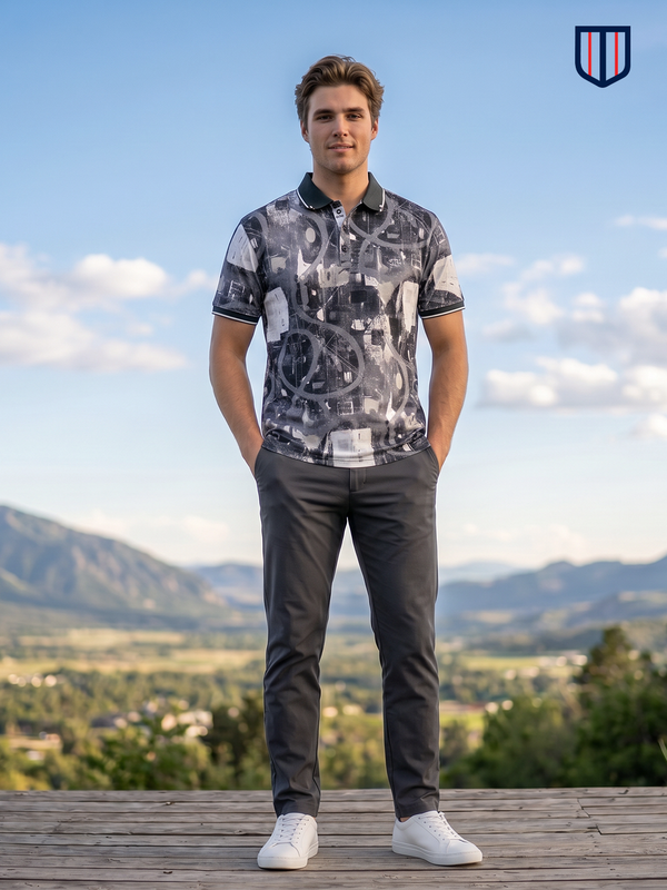 Black and Grey Abstract Printed Polo T Shirt