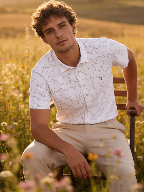Chalk White and Black Abstract Dot Printed Casual Shirt