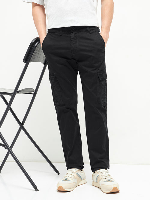Black Denim Cotton Casual Cargo Trouser