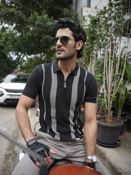 Black Stripes Zipper Polo T Shirt