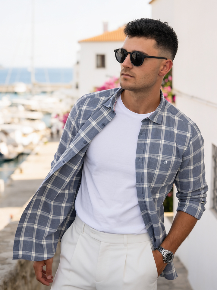 blue and cream shirt