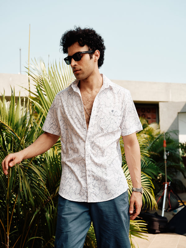 Ink Blue and White Abstract Line Printed Casual Shirt