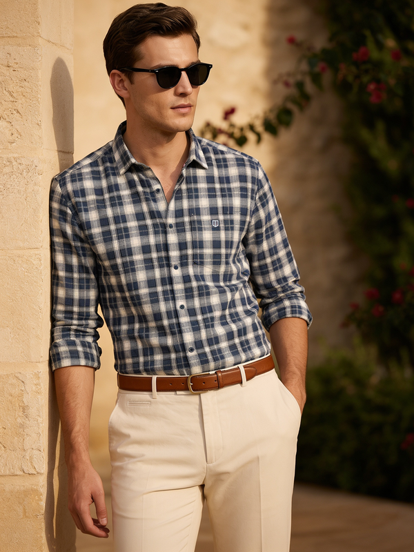 Mineral Blue and Birch White Checked Casual Shirt