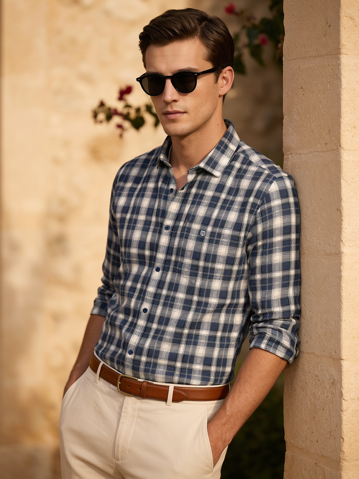blue and white check shirt