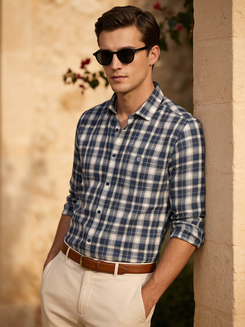 Mineral Blue and Birch White Checked Casual Shirt