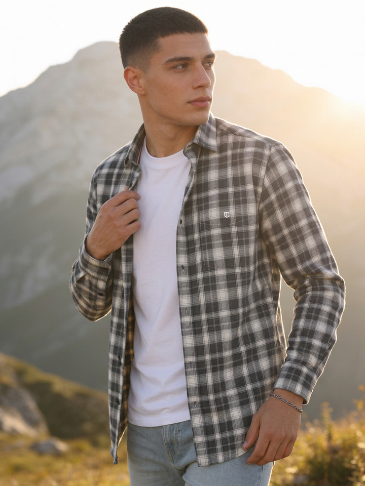 blue and white checked shirt