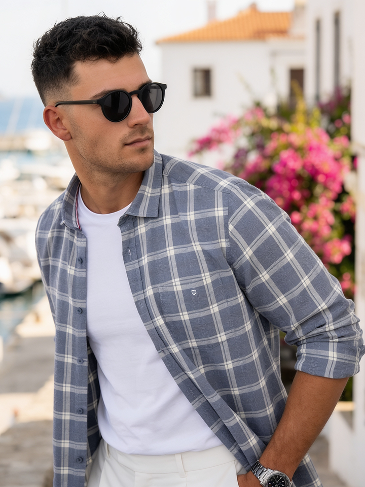 blue checked shirt