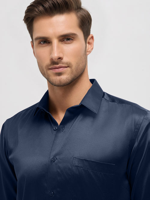 Dark Blue Gray Solid Satin Formal Shirt