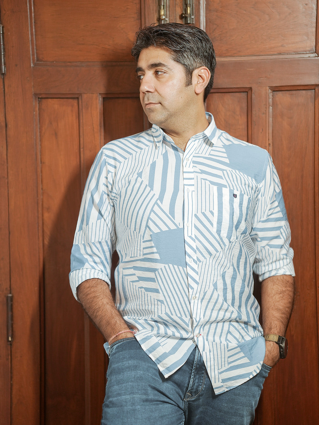 blue printed shirt