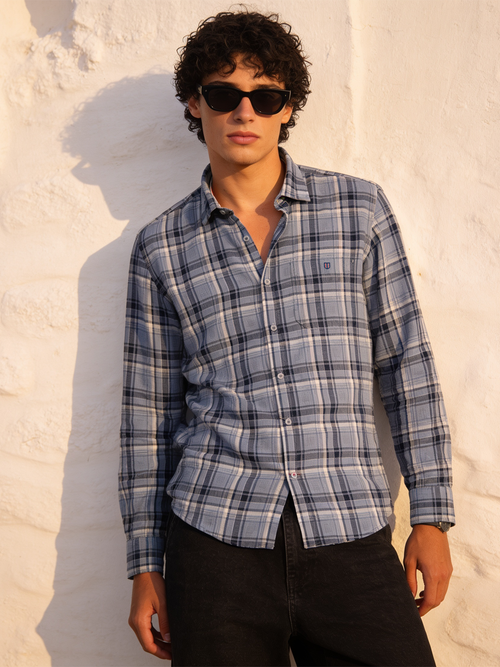 Pebble Blue Grey Checked Casual Shirt