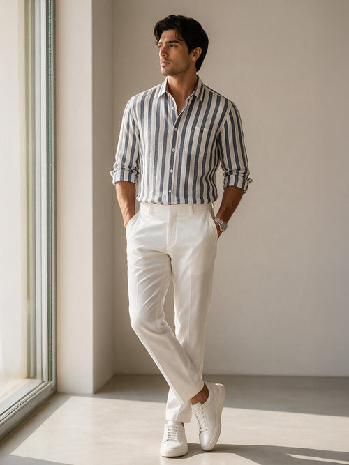 Shadow Blue Grey Vertical Stripes Casual Shirt