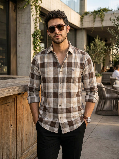 Taupe Beige and Brown Checked Casual Shirt
