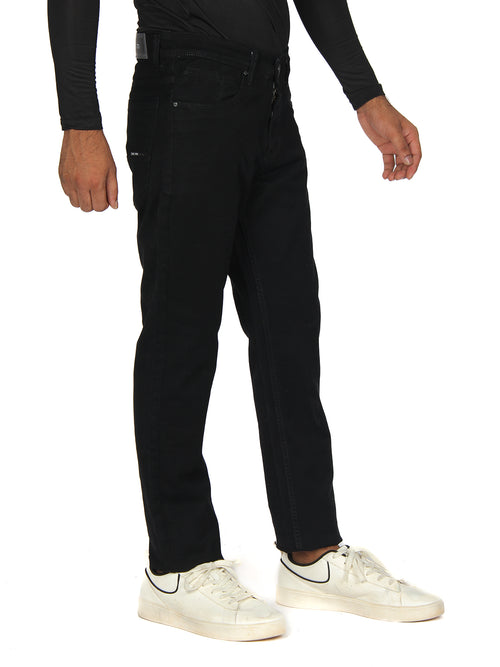 Black Denim Cotton Stretch Solid Trousers