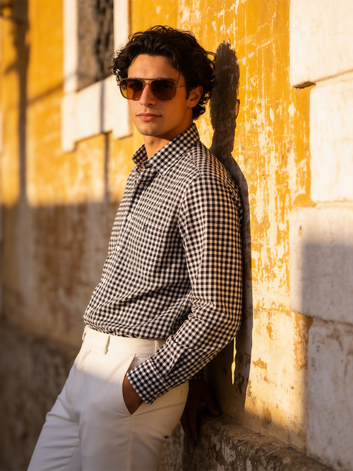 Pitch Black and White Checked Casual Shirt