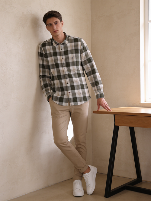 Olive Stone Checked Casual Shirt