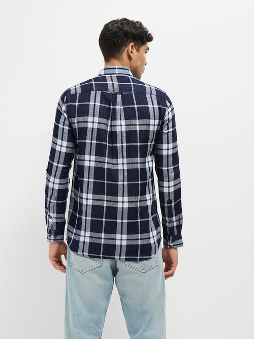 Indigo Blue Checked Casual Shirt With Two Pockets