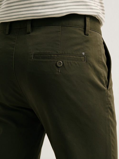 Dark Olive Cotton Twill Satin Solid Casual Trousers