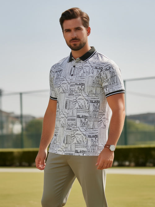 Charcoal Grey Sketch Printed Polo T Shirt