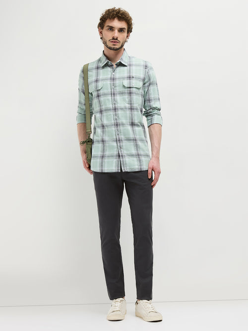 Mint Green Checked Casual Shirt With Two Pockets