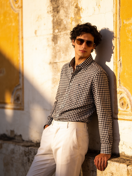 Pitch Black and White Checked Casual Shirt