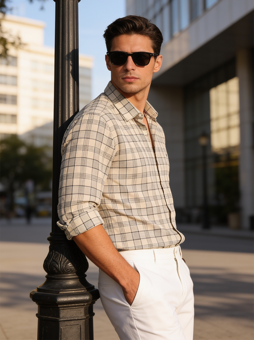 Cream and Grey Checked Casual Shirt